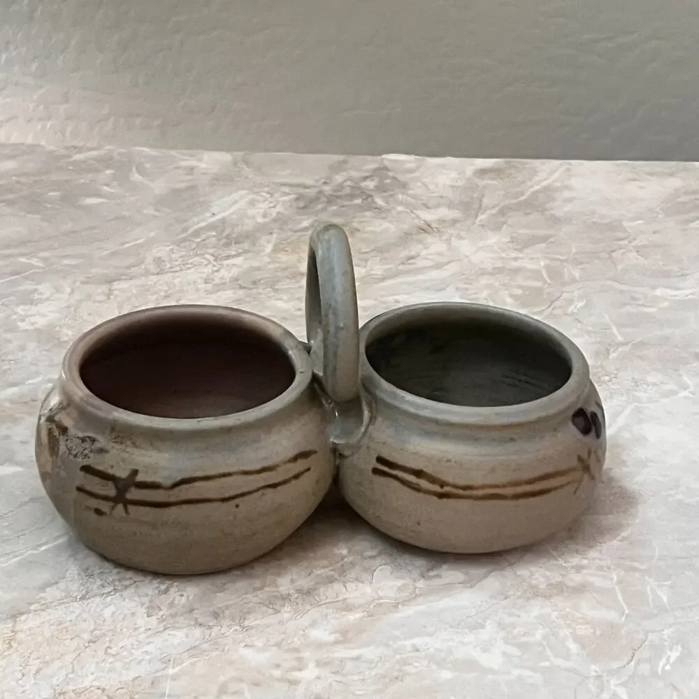 Studio Art Pottery Two Bowl Condiment Dish With Handle Stoneware Muted Colors